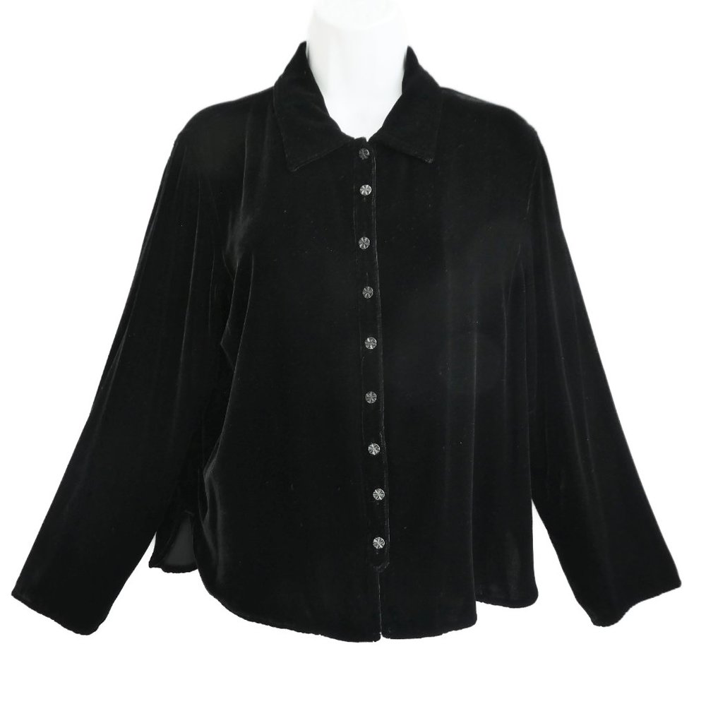 SiLK VeLVeT J. Jill Black Blouse Flower Button Front Collar Side Vents Rayon M